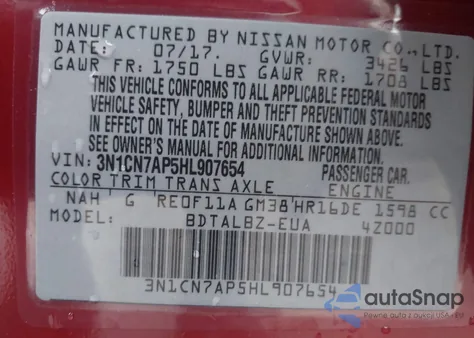 2017 Nissan Versa 1.6 Sv z USA, uszkodzony, nr VIN 3N1CN7AP5HL907654